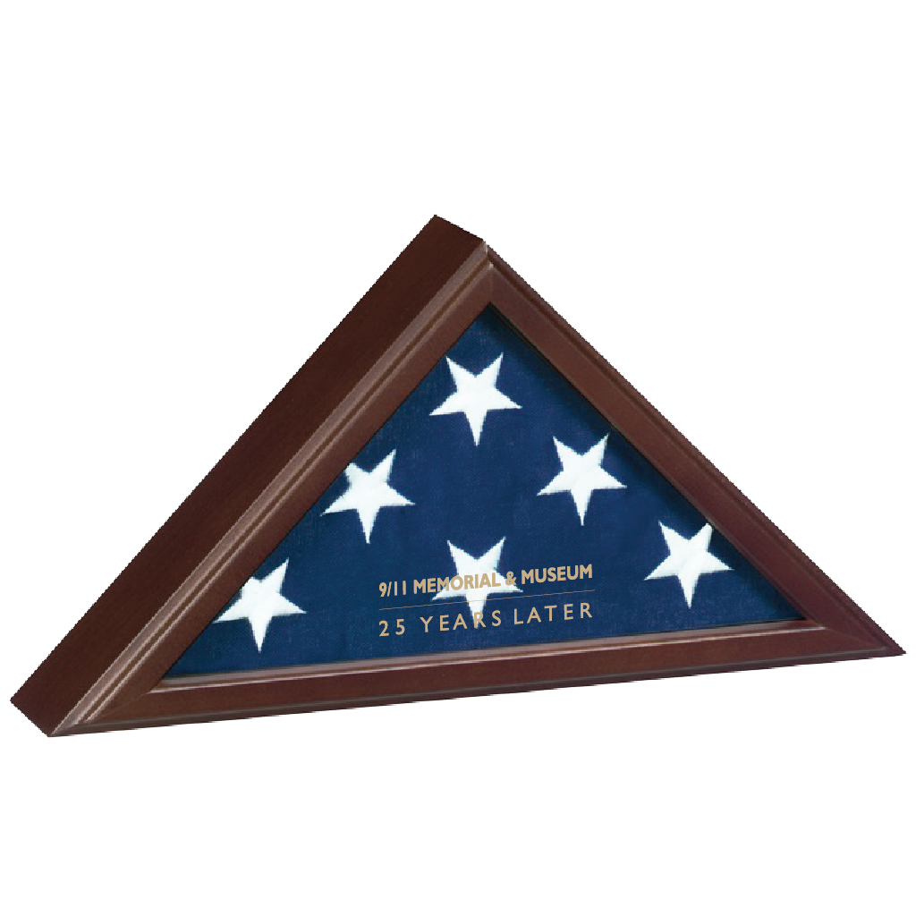 Triangular flag display case with 9/11 Memorial & Museum branding on a white background