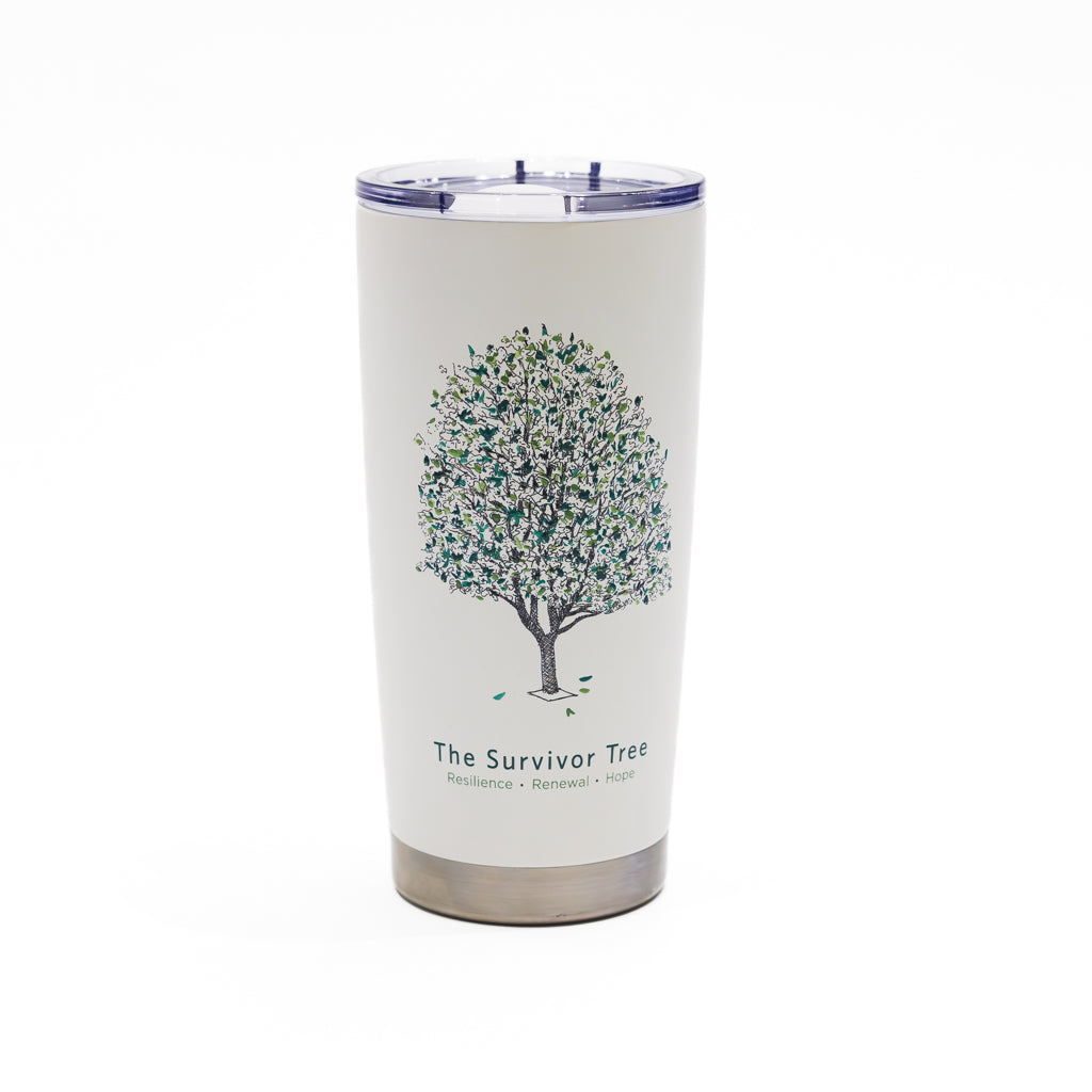 White 20 ounce hot and cold tumbler with an high relief image of the Survivor Tree in green ink.
