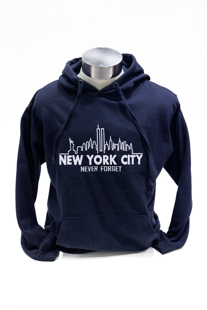 Black hooded sweatshirt with puff embroidered NYC skyline and the words 'NEW YORK CITY' and 'NEVER FORGET'.