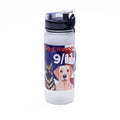 Opaque water bottle with American flag and dog motif featuring the words "Dog Heroes of 9/11", and a German Shepherd, Yellow Lab, and Black Lab.
