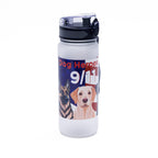 Opaque water bottle with American flag and dog motif featuring the words "Dog Heroes of 9/11", and a German Shepherd, Yellow Lab, and Black Lab.