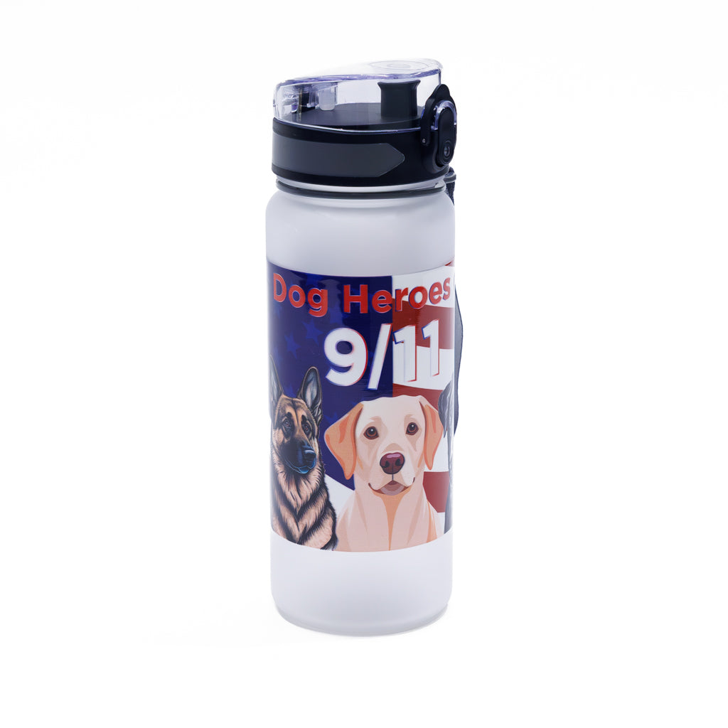 Opaque water bottle with American flag and dog motif featuring the words "Dog Heroes of 9/11", and a German Shepherd, Yellow Lab, and Black Lab.