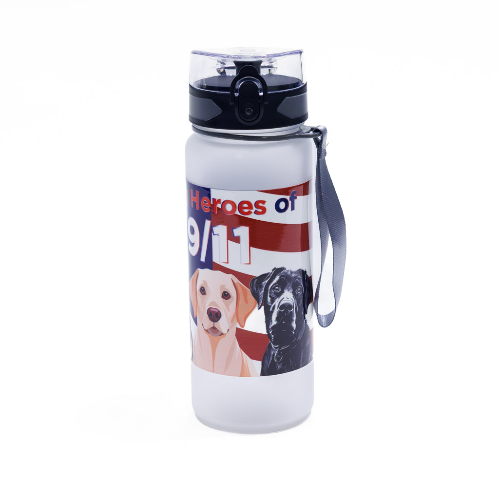 Opaque water bottle with American flag and dog motif featuring the words "Dog Heroes of 9/11", and a German Shepherd, Yellow Lab, and Black Lab.