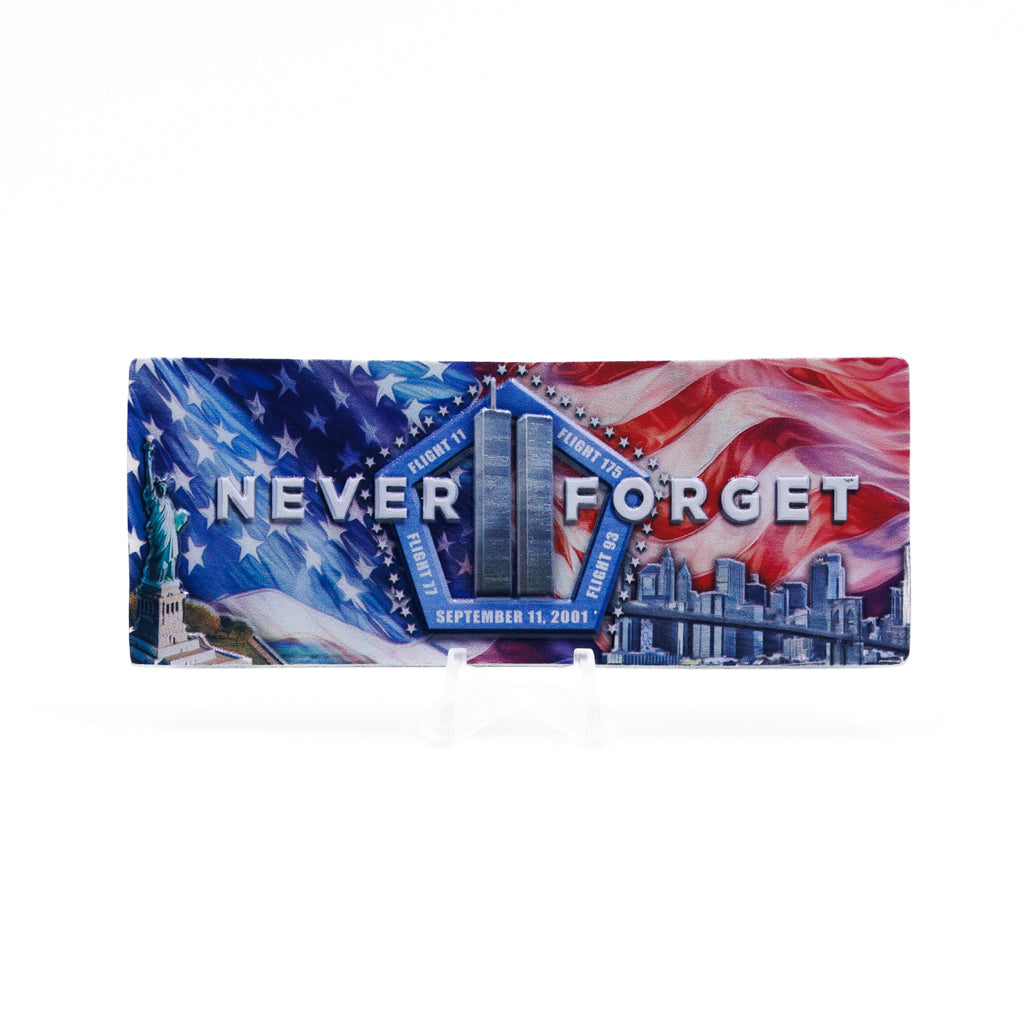 Rectangular magnetic plaque with American flag background and other imagery including the Statue of Liberty, Twin Towers & NYC skyline.