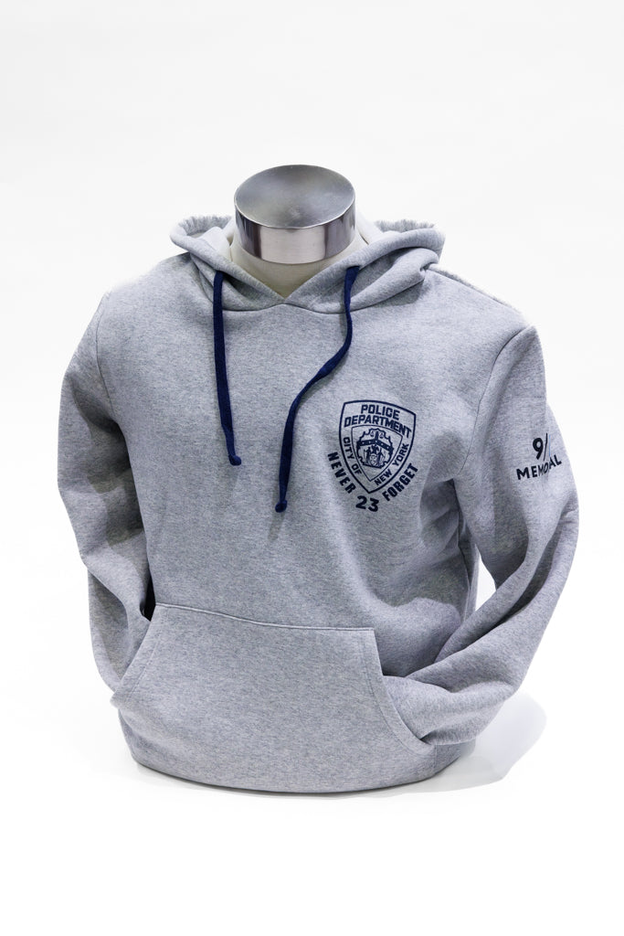 Grey hooded sweatshirt with navy adjustable neck strings and navy NYPD logo on left chest.