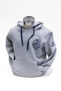 Grey hooded sweatshirt with navy adjustable neck strings and navy NYPD logo on left chest.
