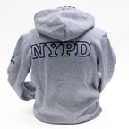 Grey hooded sweatshirt with NYPD logo in navy block letters.