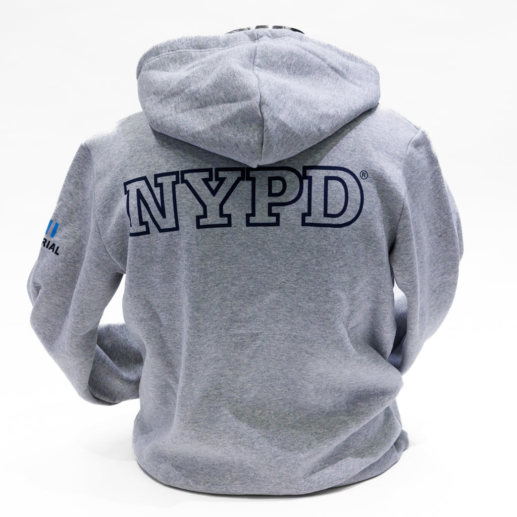 Grey hooded sweatshirt with NYPD logo in navy block letters.