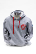 Grey hooded sweatshirt with red adjustable strings at neck and red FDNY logo on left chest.