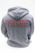 Grey hooded sweatshirt with FDNY on back in red block letters.