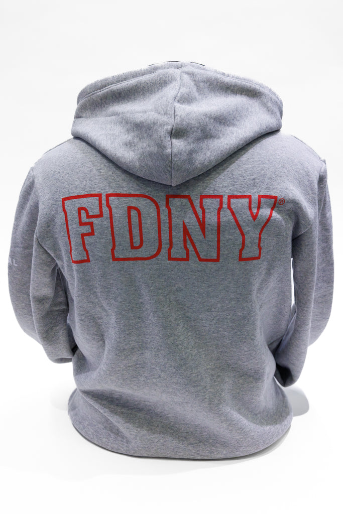 Grey hooded sweatshirt with FDNY on back in red block letters.