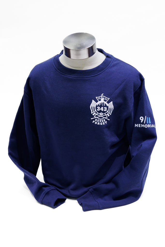 Navy crewneck with FDNY logo on left chest in white lettering.