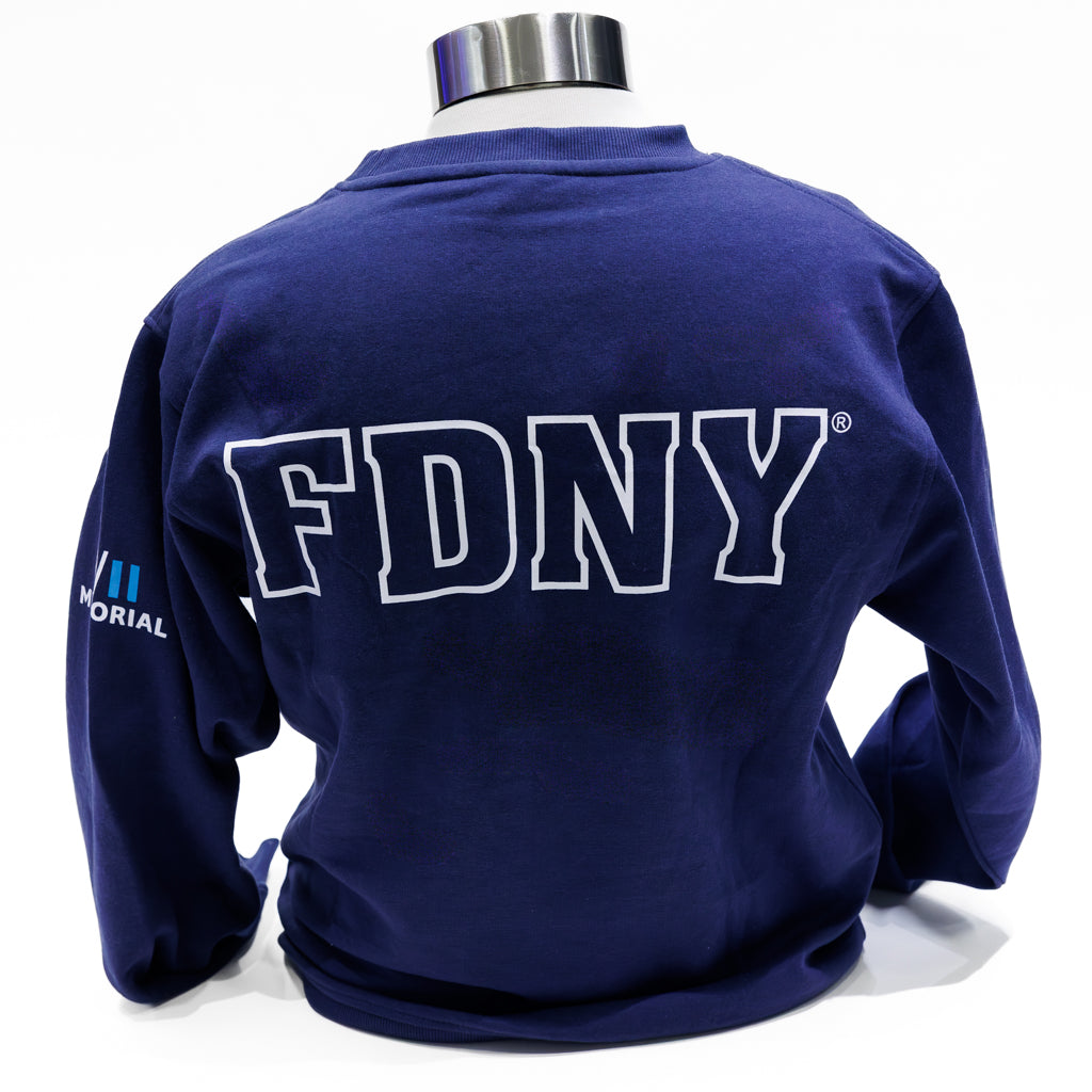 Navy crewneck with FDNY logo in white block letters.