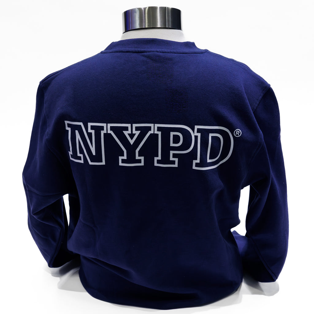 Navy crewneck with NYPD lettering in white block letters.