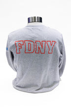 Grey crewneck sweatshirt with FDNY logo in red block letters.