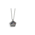 A silver pentagonal pendant necklace featuring the Twin Towers with an American flag motif, suspended from a silver ball chain against a plain white background.