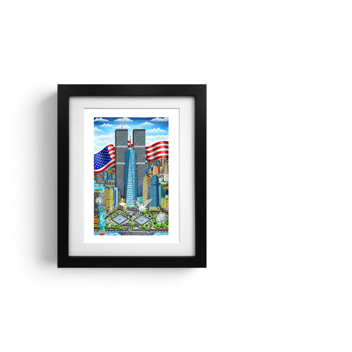 Mini Print of Charles Fazzino 25th Anniversary Print for the 9/11 Memorial & Museum. This colorful piece includes the original Twin Towers as well as many of Lower Manhattan's notable features.