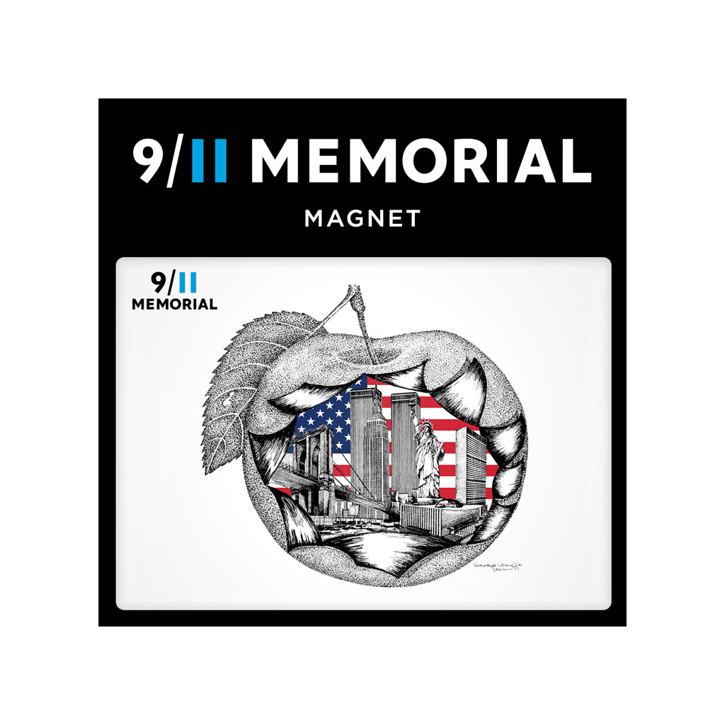 White magnet with an image of an apple with an American flag and the NYC Skyline.