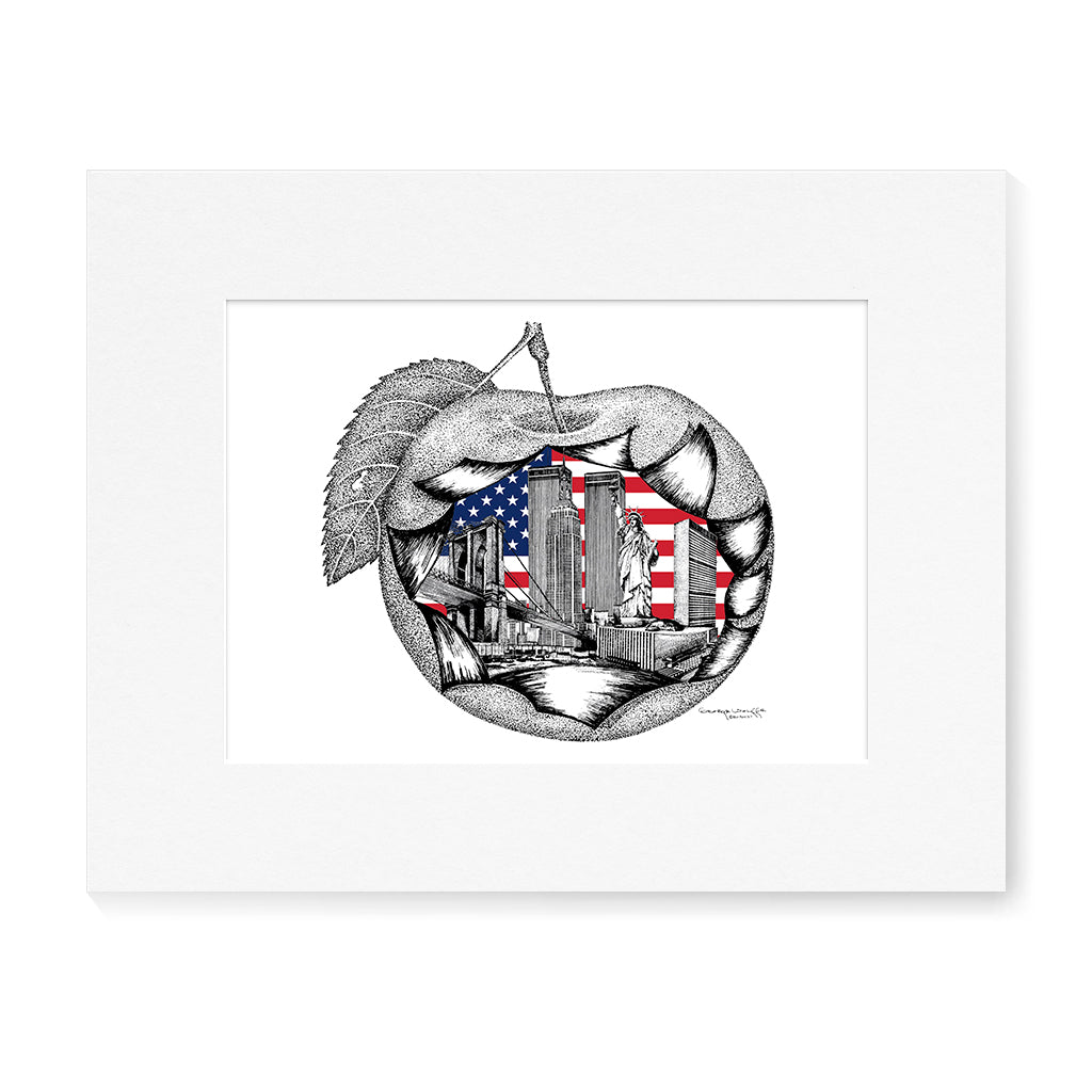 Print featuring an image of an apple with an American flag and New York City skyline.