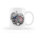 White mug with an image of an apple with an American flag and the NYC Skyline.
