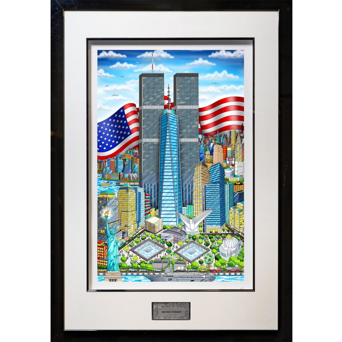 Framed art print featuring a colorful illustration of the New York City skyline with the Twin Towers, Statue of Liberty, White and American flags, shown in a black frame with white matting.