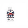 A die-cut sticker on a white backing card, featuring a firefighter emblem with crossed axes, American flags, a blue helmet, and the number 343.