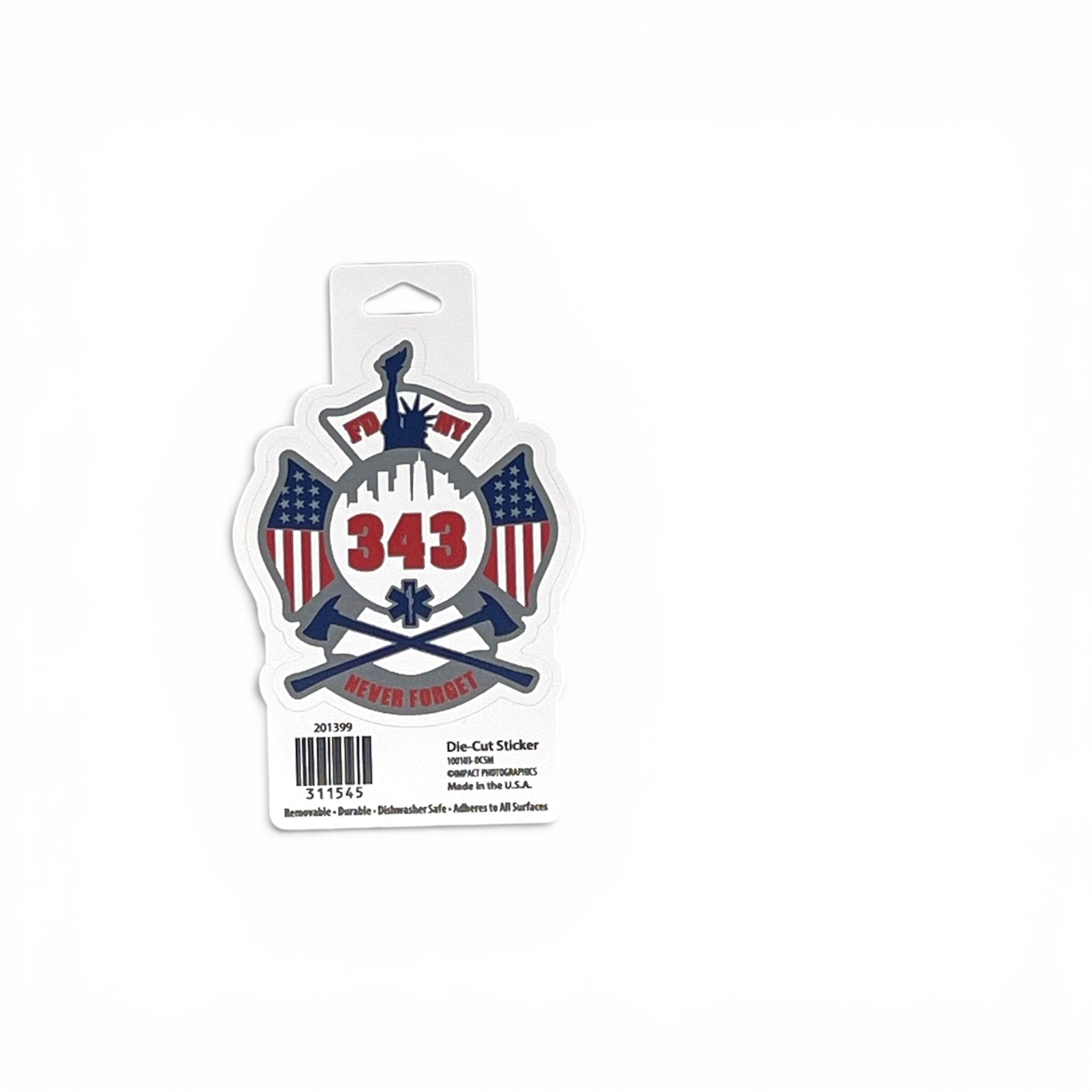 A die-cut sticker on a white backing card, featuring a firefighter emblem with crossed axes, American flags, a blue helmet, and the number 343.