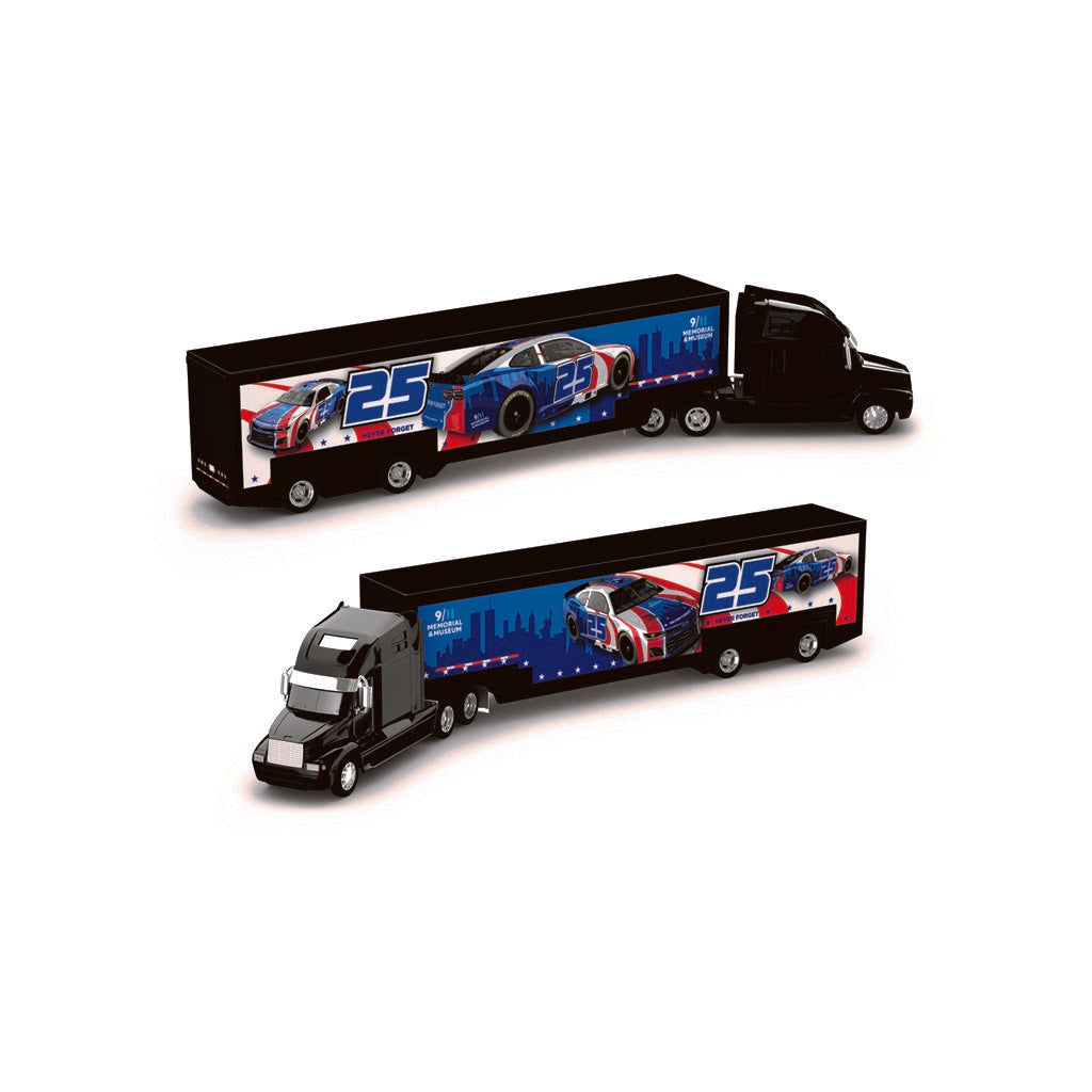 Patriotic-themed model truck with racing car design.