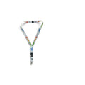 A white lanyard with a colorful Love is Stronger than Hate print and black plastic quick-release clips, shown on a plain white background.