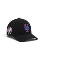 A black Met's baseball cap featuring a blue and orange embroidered 'NY' logo on the front and a circular patch on the side, set against a plain white background.