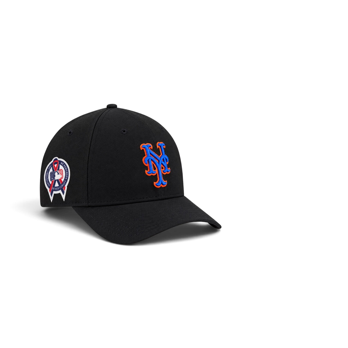 A black Met's baseball cap featuring a blue and orange embroidered 'NY' logo on the front and a circular patch on the side, set against a plain white background.