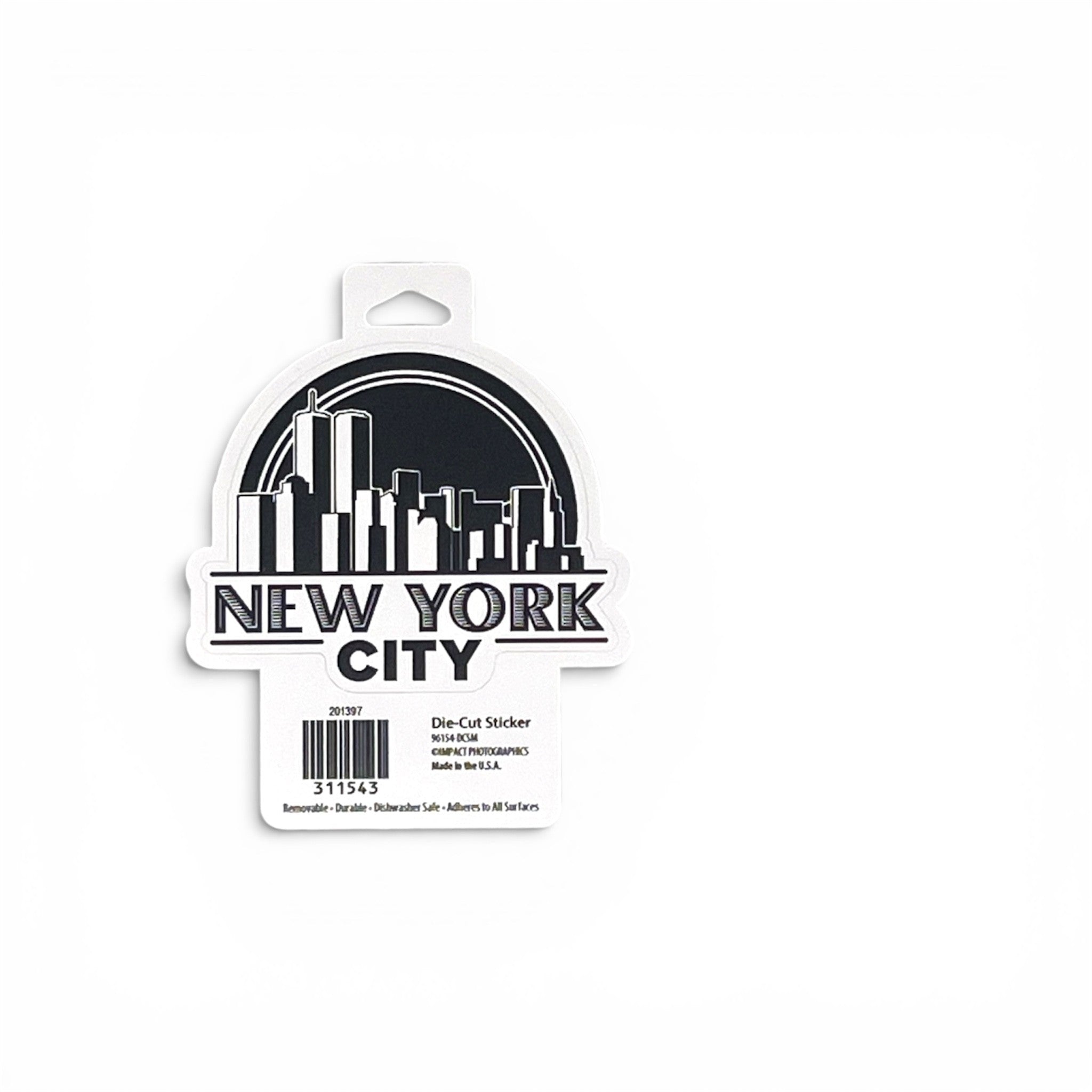 A die-cut car sticker featuring the New York City skyline and the text 'NEW YORK CITY' in black on a white backing card, shown on a plain white background.