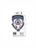 A die-cut sticker featuring the NYPD City of New York Police Department design, mounted on its original white cardboard backing with a barcode and product details.