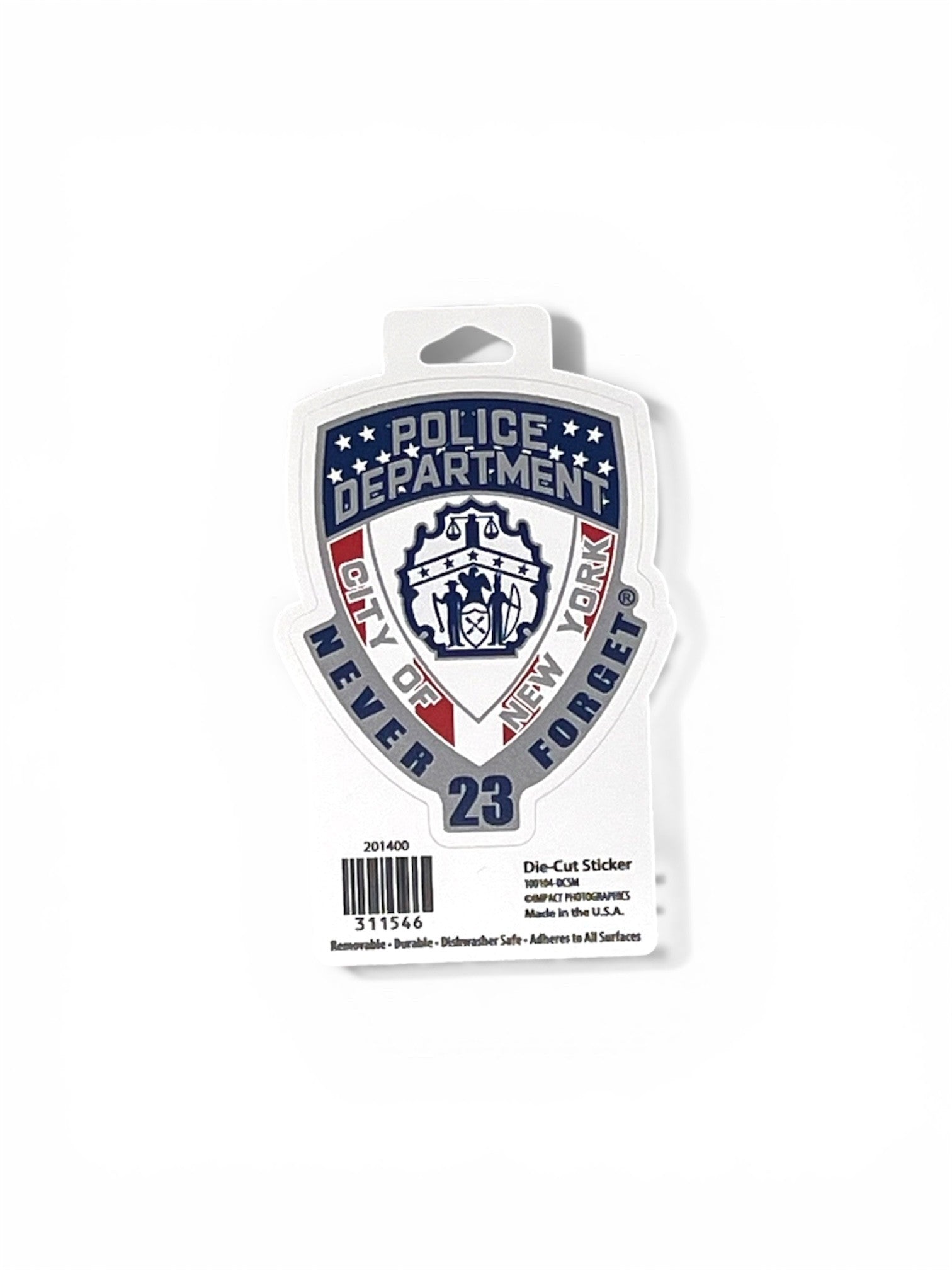 A die-cut sticker featuring the NYPD City of New York Police Department design, mounted on its original white cardboard backing with a barcode and product details.