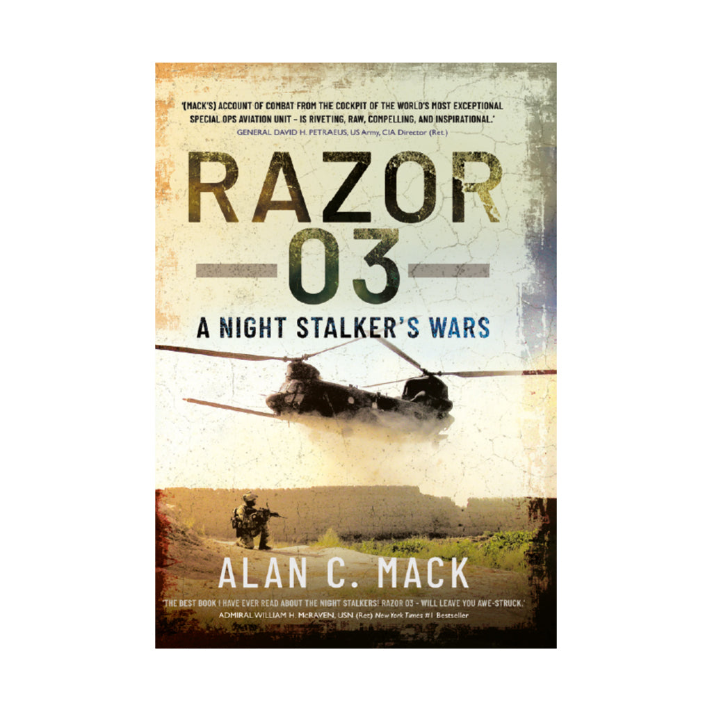 Book cover of 'Razor 03: A Night Stalker's Wars' by Alan C. Mack with a helicopter and soldier on a grassy field.