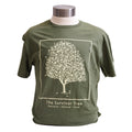A green t-shirt displayed on a mannequin featuring a graphic of the Survivor Tree and the text 'The Survivor Tree"
