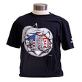 Black t-shirt with a graphic design of the an apple with the American flag and New York City landmarks, displayed on a mannequin.