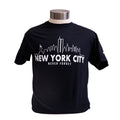 A black New York City skyline T-shirt displayed on a mannequin, featuring text 'NEW YORK CITY' and 'NEVER FORGET' on the front.