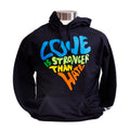 Black hoodie with colorful text 'LOVE IS STRONGER THAN HATE'.