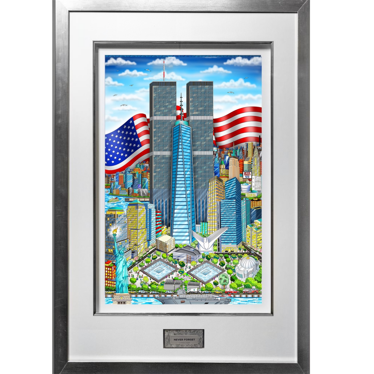 Framed art print of the New York City skyline featuring the Twin Towers, with American flags, a blue sky, and a silver frame with a white matte.
