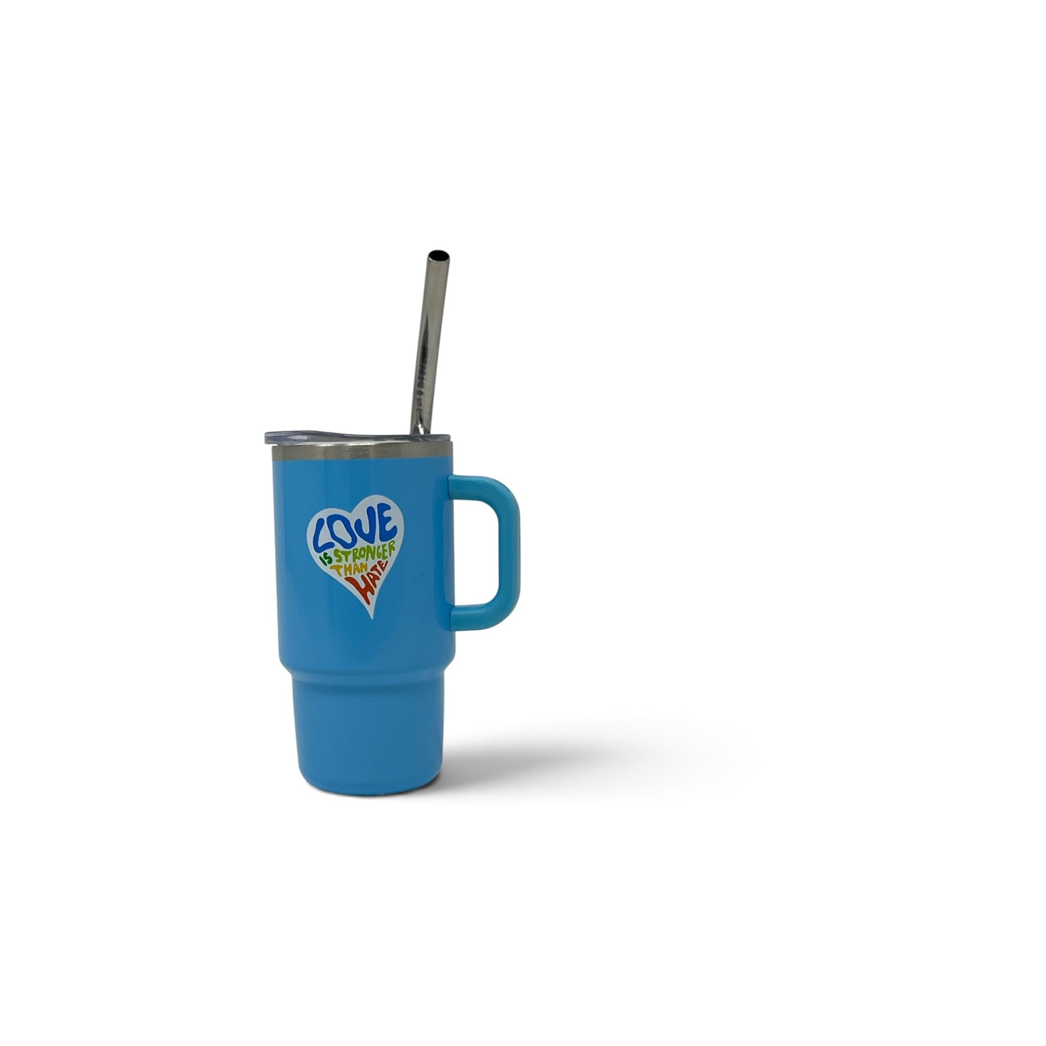 A blue insulated mini travel tumbler with a handle, plastic lid, and metal straw, featuring a heart-shaped graphic that reads 'LOVE IS STRONGER THAN HATE' in blue, green, white, yellow, and red.