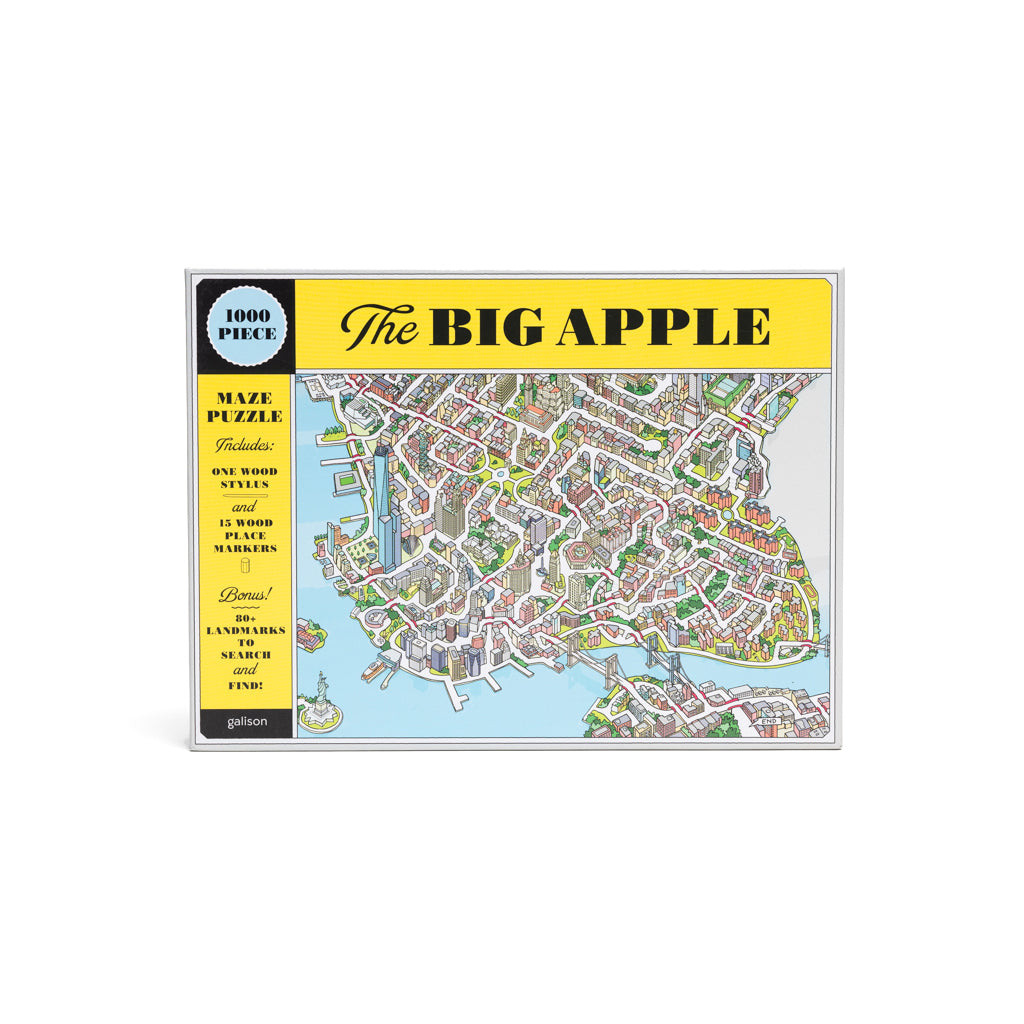 A 1000 piece maze puzzle box with a colorful map of New York City on the cover, titled 'The Big Apple'.