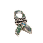 A camouflage ribbon lapel pin with the text 'NEVER FORGET 9/11' on it.