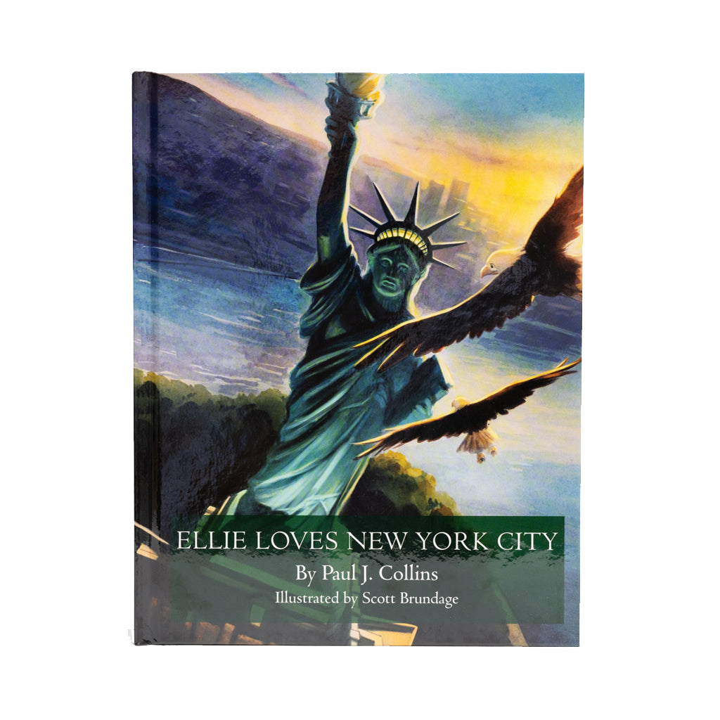 Cover of the children's book 'Ellie Loves New York City' featuring an illustration of the Statue of Liberty and a stylized eagle with a cityscape in the background.