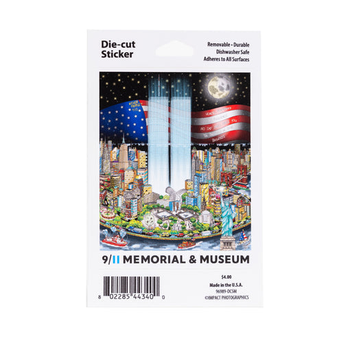 A sticker featuring a pop art depiction of New York City with the American flag and a tribute to the Twin Towers, labeled for the 9/11 Memorial & Museum.