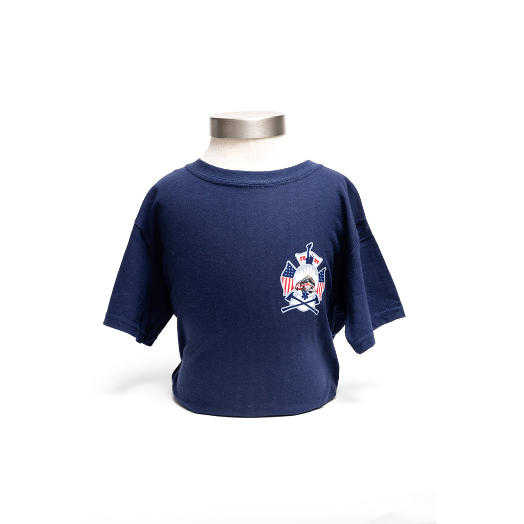 Navy youth t-shirt with red, white and blue FDNY shield.