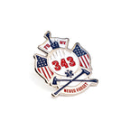 A lapel pin featuring the FDNY shield with the numbers 343, American flag, and the text 'NEVER FORGET'.