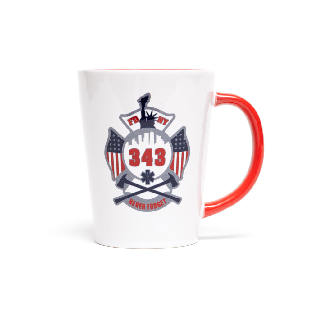 A white glossy mug with red handle featuring the FDNY shield and the text 'FDNY 343 NEVER FORGET ' on it, with a graphical representation of firefighter insignia and a flag.