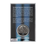 A collectible coin in a case, with mission-based text.