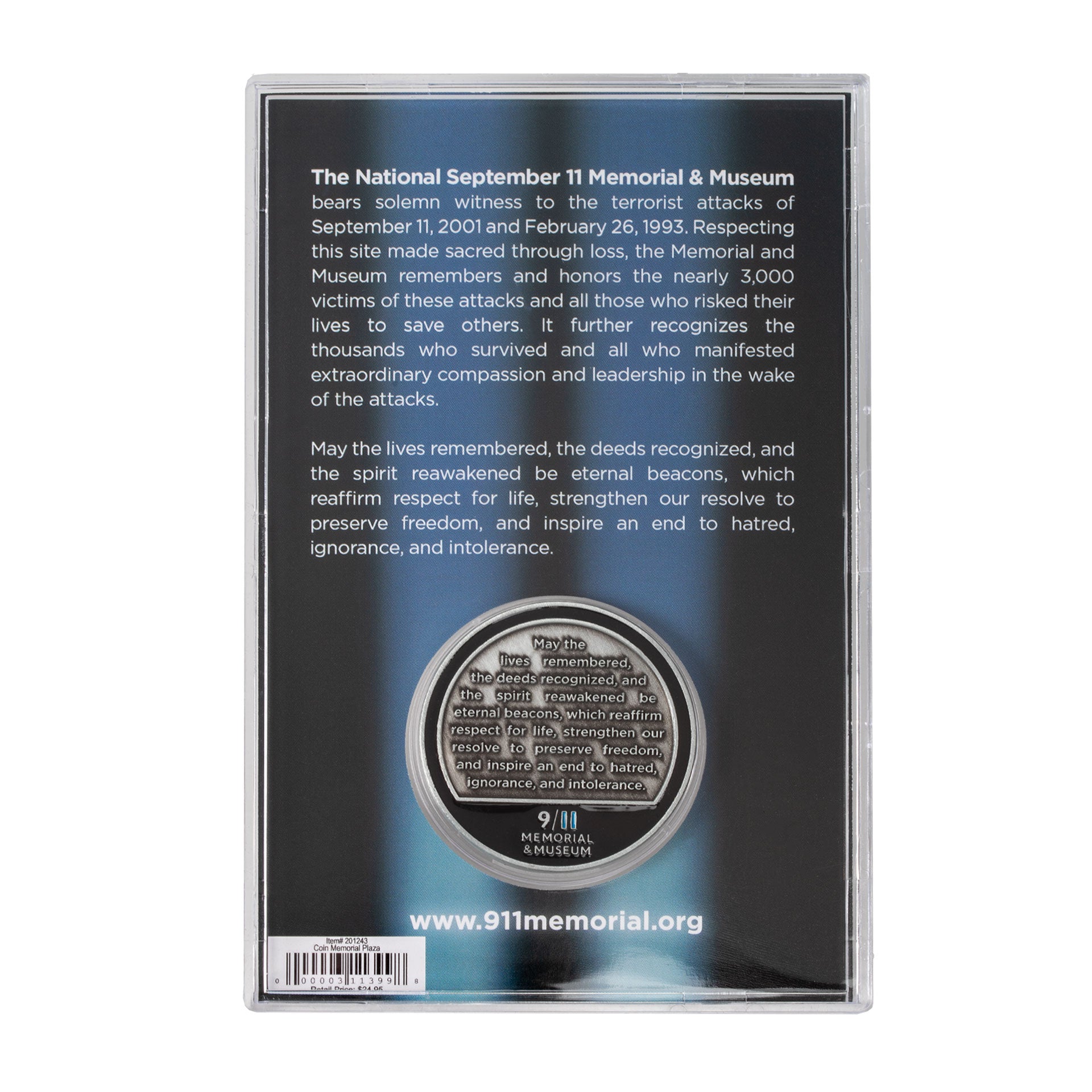 A collectible coin in a case, with mission-based text.